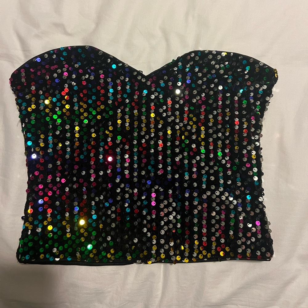 Strapless rainbow sequin top